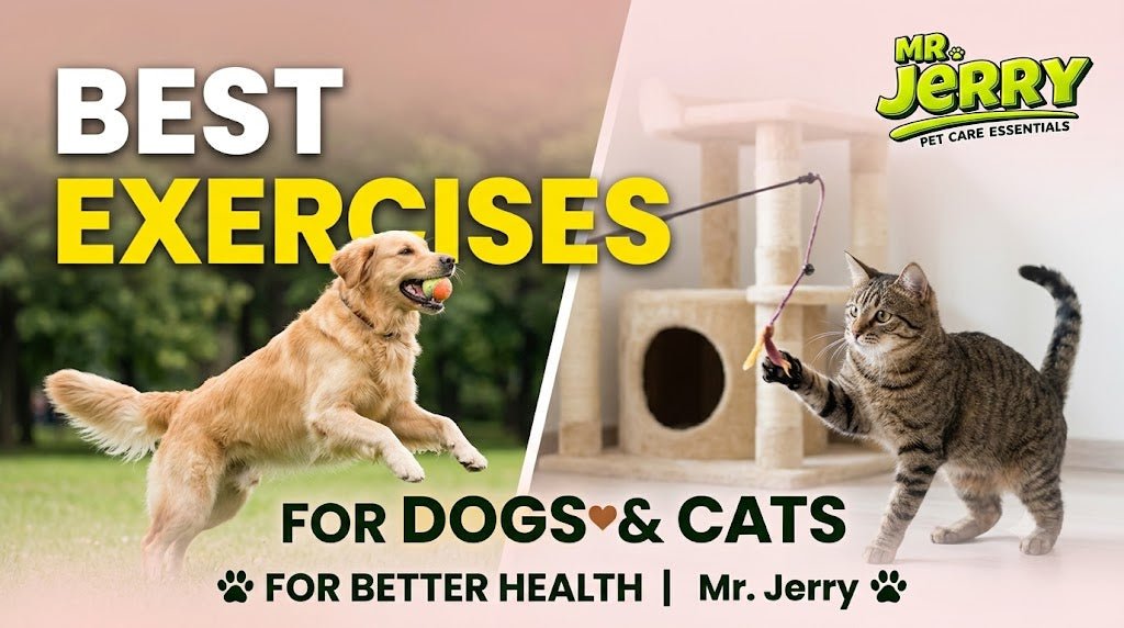 Golden retriever catching ball and tabby cat playing with wand toy for Mr. Jerry pet exercise blog thumbnail.