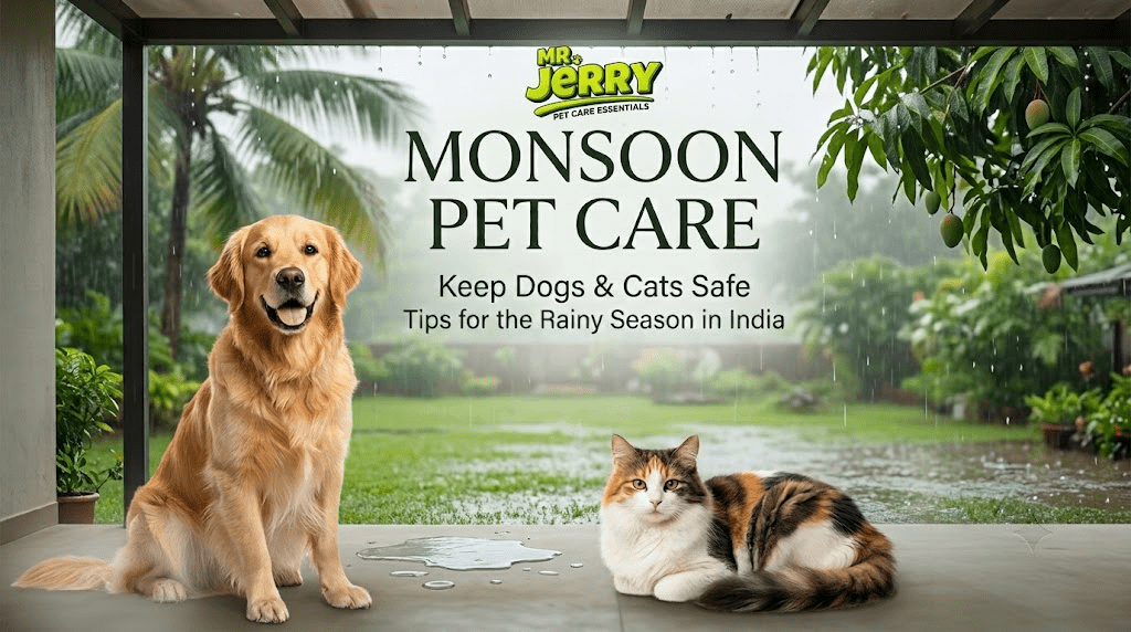 Mr. Jerry monsoon pet care guide showing a dog and cat staying safe during India's rainy season