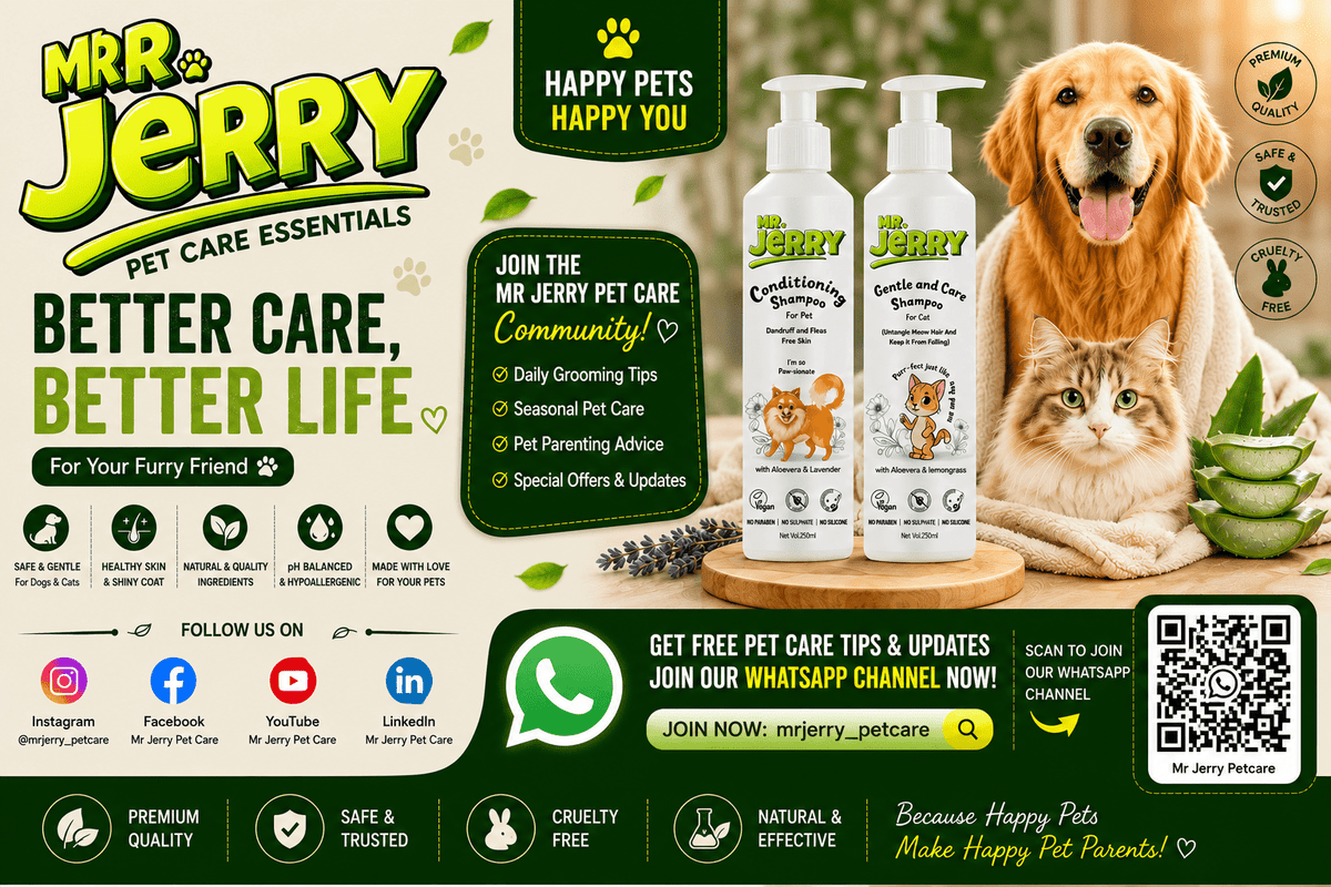 Mr Jerry Pet Care WhatsApp community banner featuring dog and cat grooming, pet care tips, shampoo products, social media icons, and QR code to join the WhatsApp channel